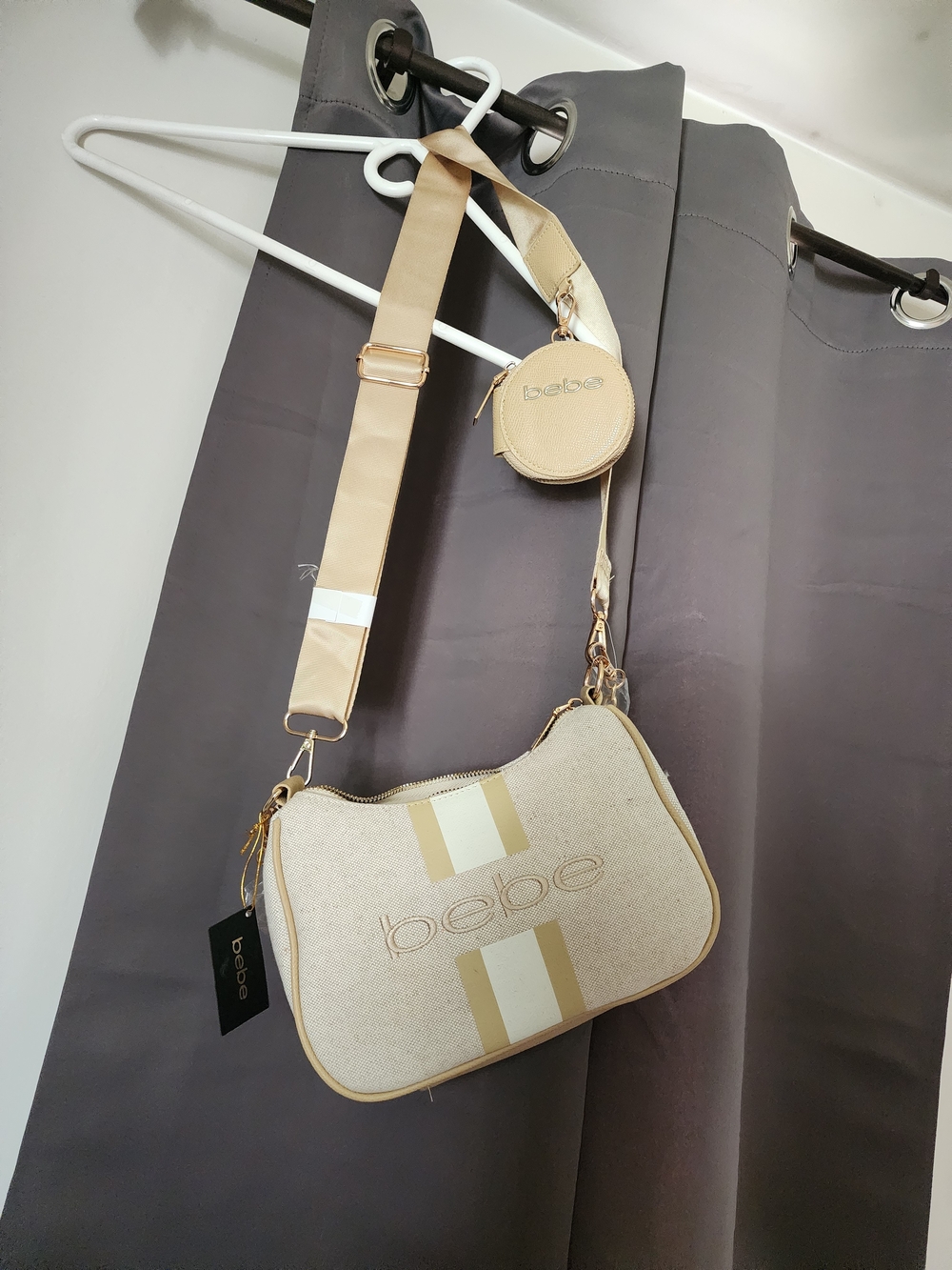 bebe Beige Canvas Crossbody Bag with Removable Strap and Coin Pouch